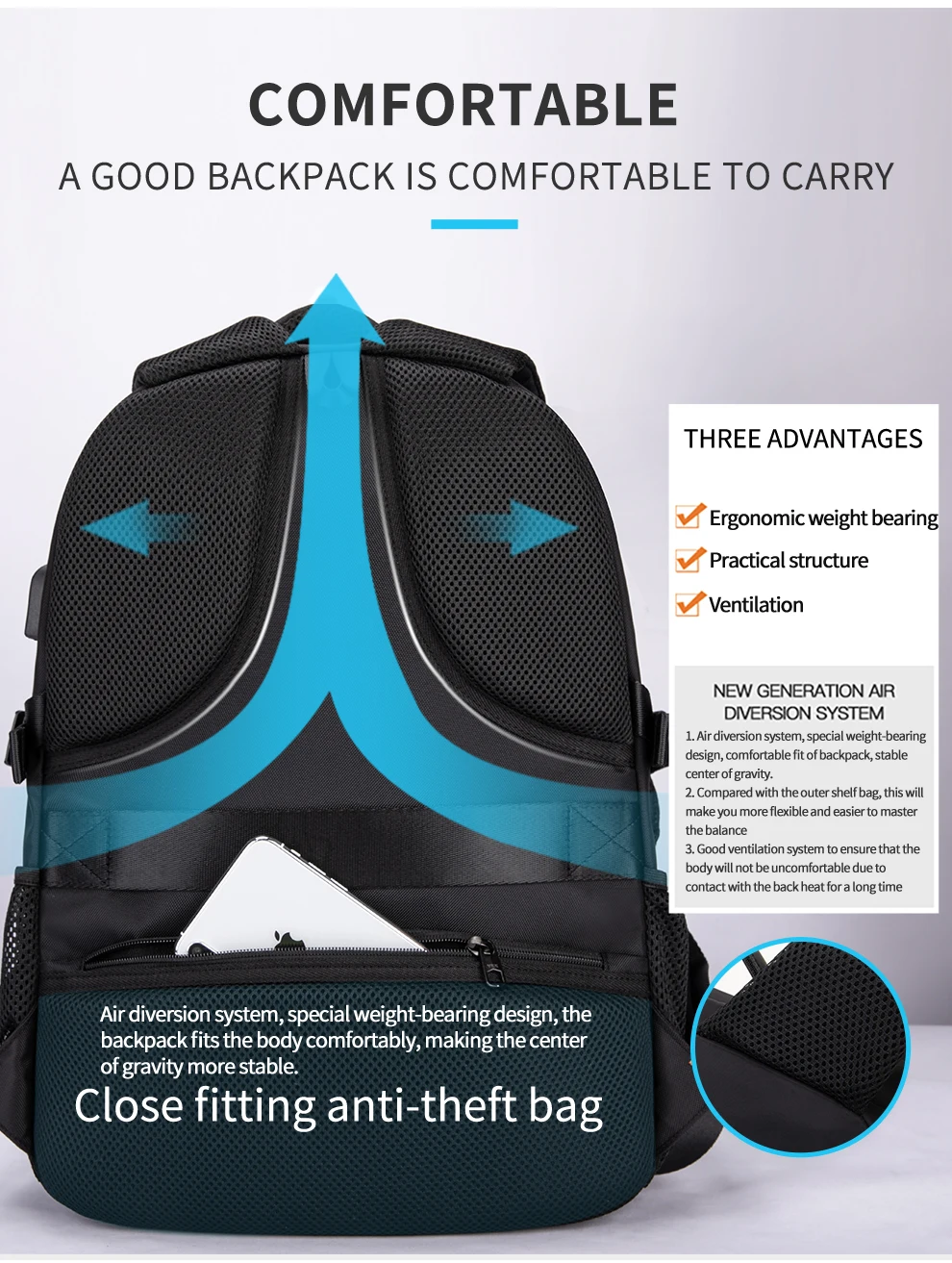 Heroic Knight Multifunktionaler Herren-Rucksack, passend für 15,6-Zoll-Laptops, modischer wasserdichter Schulrucksack, USB-Anti-Diebstahl-Reisetasche für Herren – Detail 14