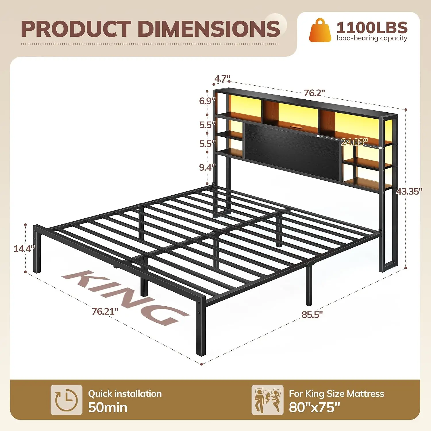 King Bed Frame with Storage Headboard and Charging Station, Black | LED Lights,12.2