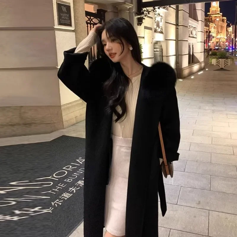 A High-end Tweed Overcoat for Petite Women Pure Color.This Is A New Mid-length Large-collar. Double-sided Woolen Coat for Women.