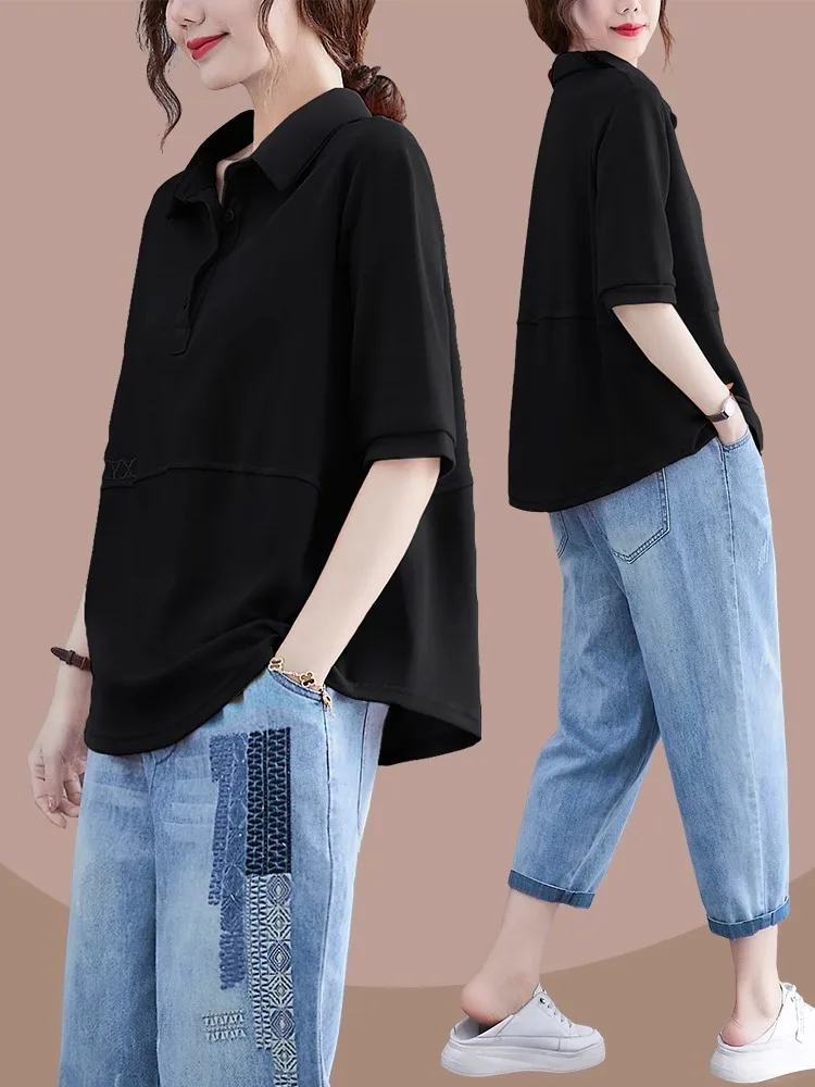 ゆったりとした純綿の女性用トップス、折り返し襟、新作、スリムでファッショナブル、通気性があり、吸汗性...