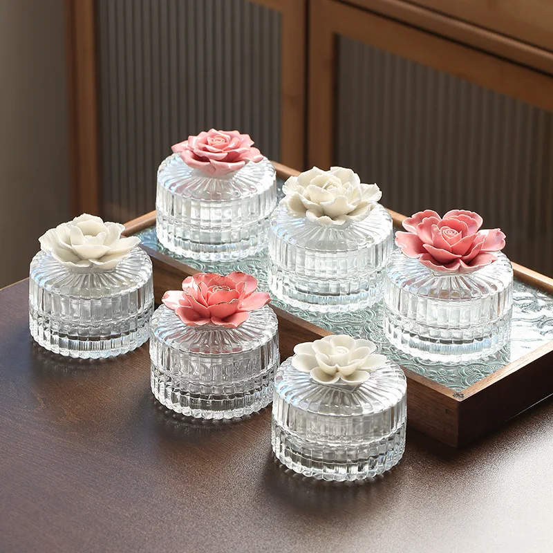 Nordic Ceramic Flower Glass Storage Box Exquisite Glass Storage Jar Home Storage Jar Creative Home Decoration Ornaments Gift