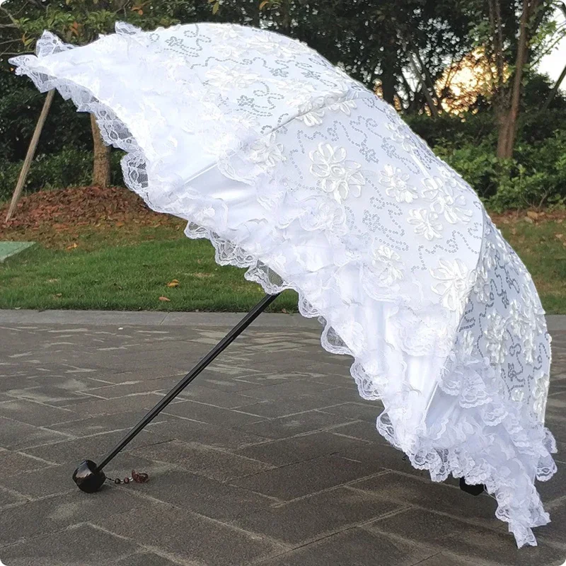 Vintage Luxury Double Layer Lace Flower Sun Parasol Woman Travel Strong Windproof Rainproof UV Rain Umbrella Business Gift