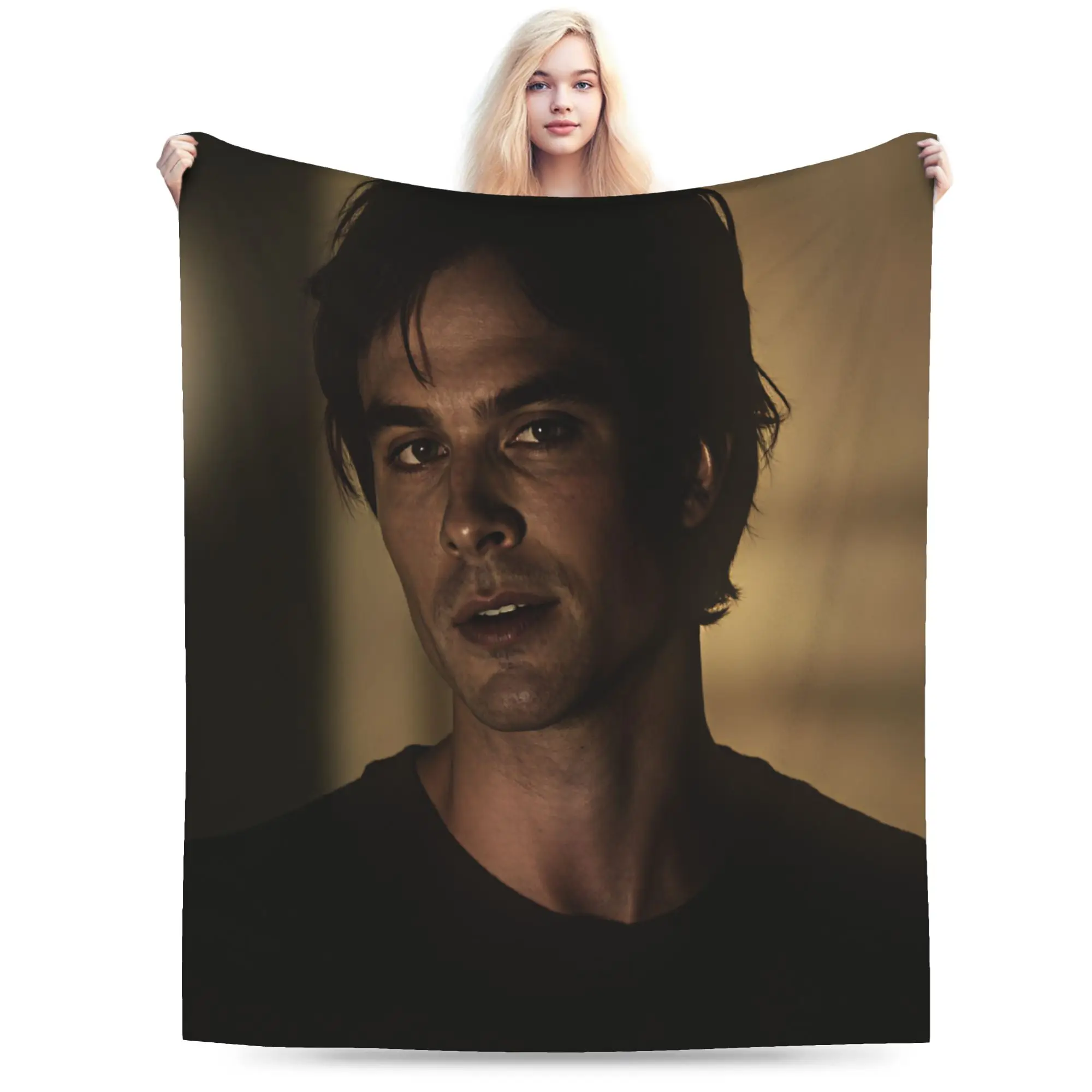 Soft Throw Blanket Picnic VIKAMA Vampire Diaries Damon Portrait Blankets  Flannel Bedspread For Outdoor Aesthetic Sofa Bed Cover