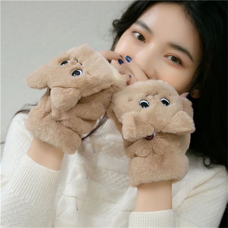 Women Plush Warm Glove Fur Lovely Rabbit Cat Mittens Flip Fingerless Gloves Soft Girls Thick Gloves Flexible Half Finger Winter