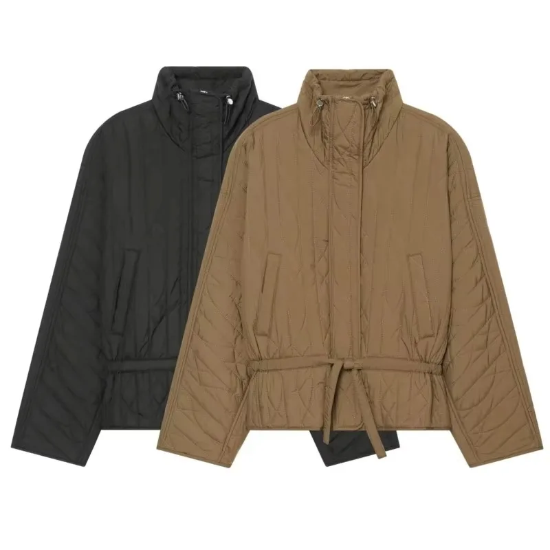 Guobioziy Women s Winter Jacket With Drawstring New 2026 Casual High Neck Zipper Pocket Woman Padded Jackets Chic Female Coats