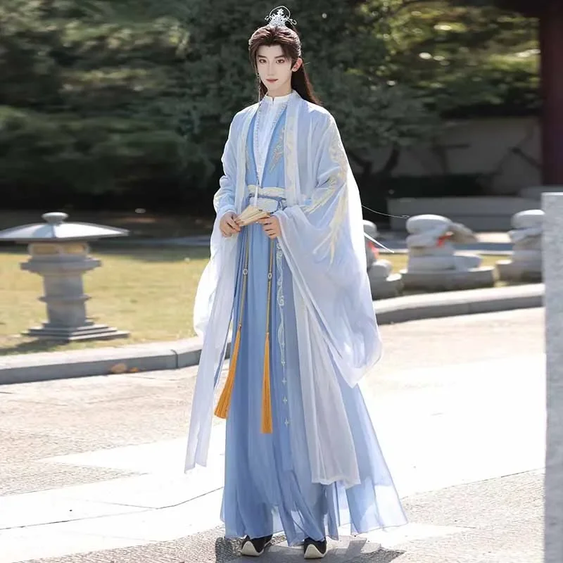 Black White Blue Contrast Embroidered Antique Hanfu For Men Halloween Party Costume