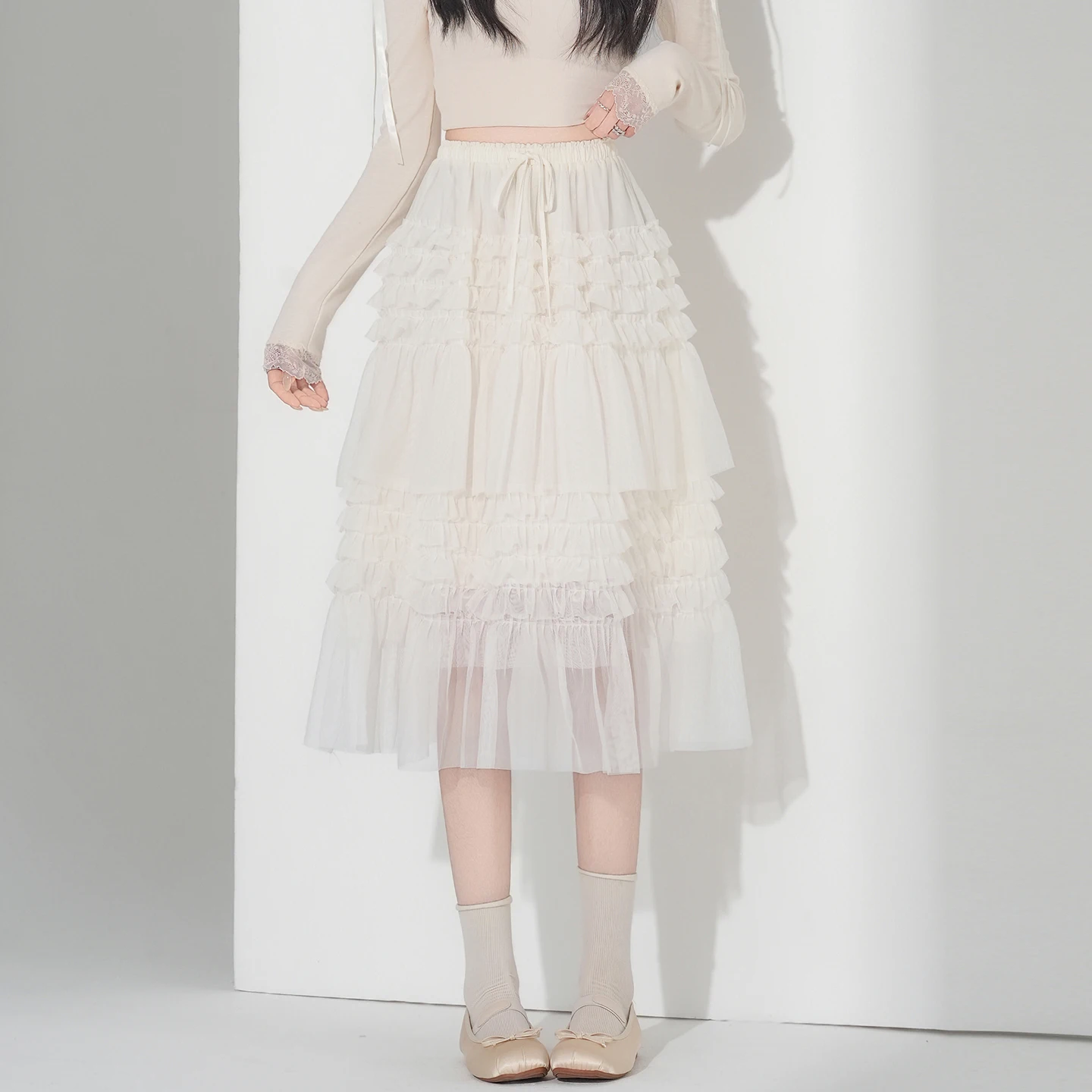 

Женская весенняя новинка: эластичная юбка-полусолнце А-силуэта с кружевом, бежевая, в корейском стиле, из полиэстера