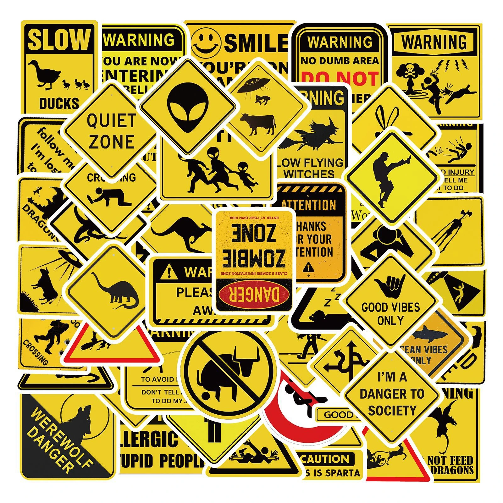 50PCS Interesting Warning Signs Graffiti Stickers Cartoon Road Signs DIY Guitar Phone Laptop Suitcase Water Cup Skateboard Decal