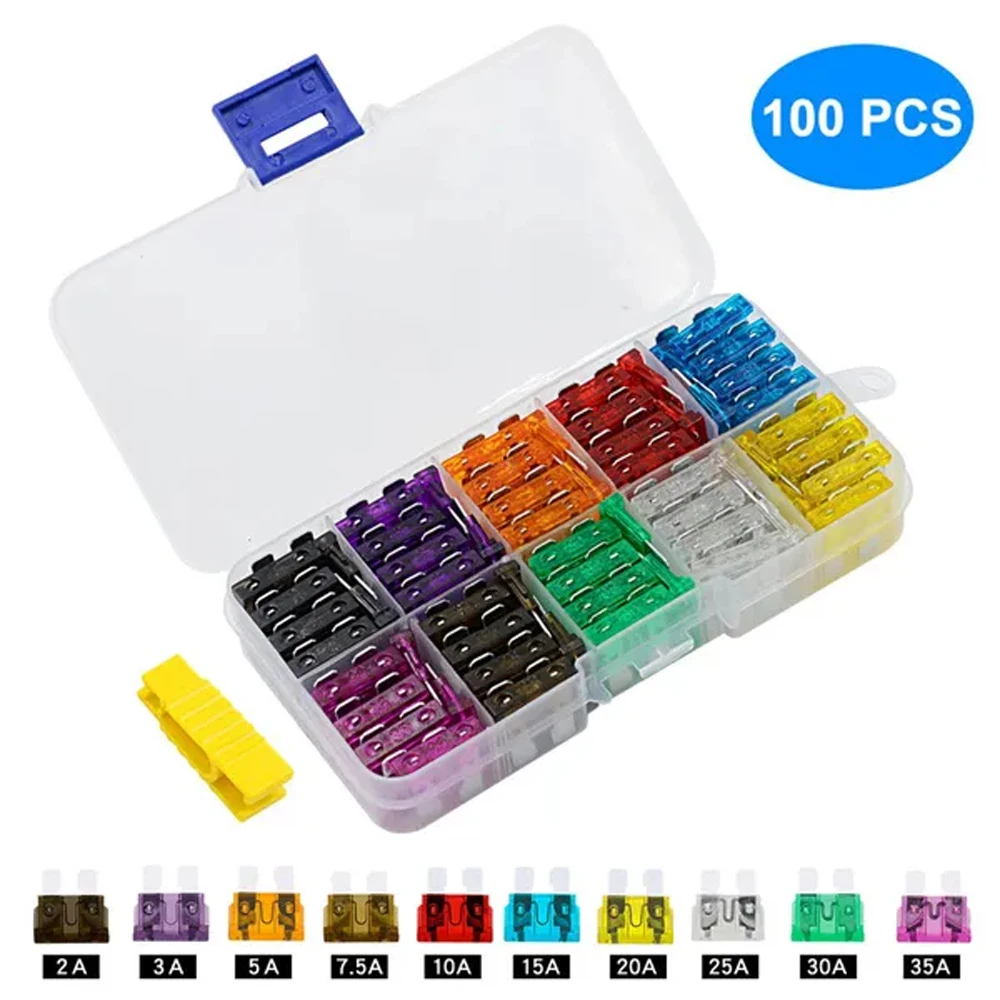 

100Pcs Fuse Assortment Kit Middle Type Profile Zinc Blade Fuses Holder for Auto Car Truck 2A-35A Fuse with Box Clip