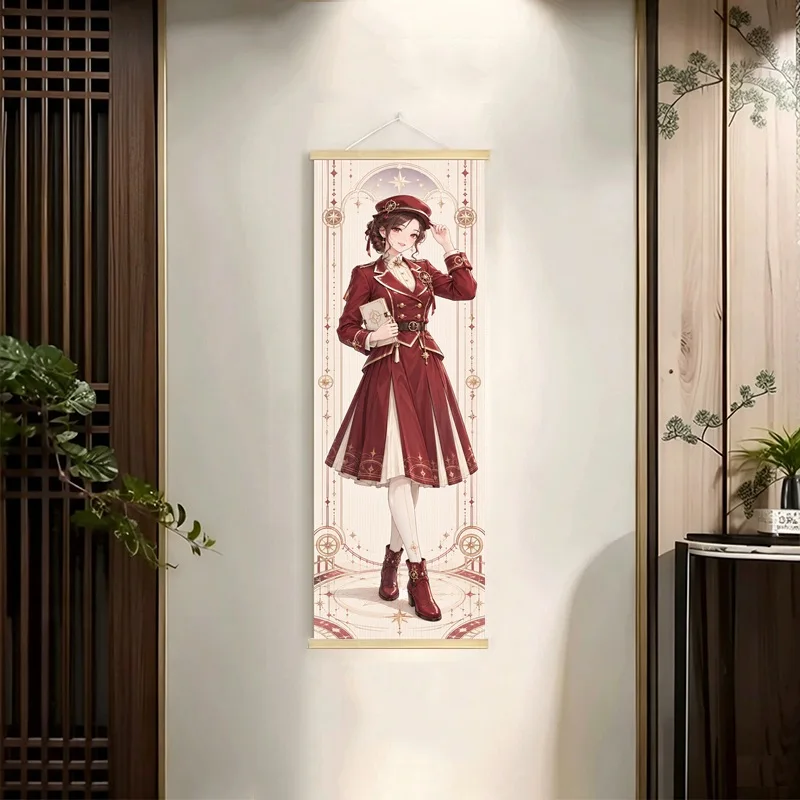 Anime Women in Cream, Navy, Olive and Violet Outfits Hanging Scroll with Vintage Inspired Floral Borders for a Bedroom
