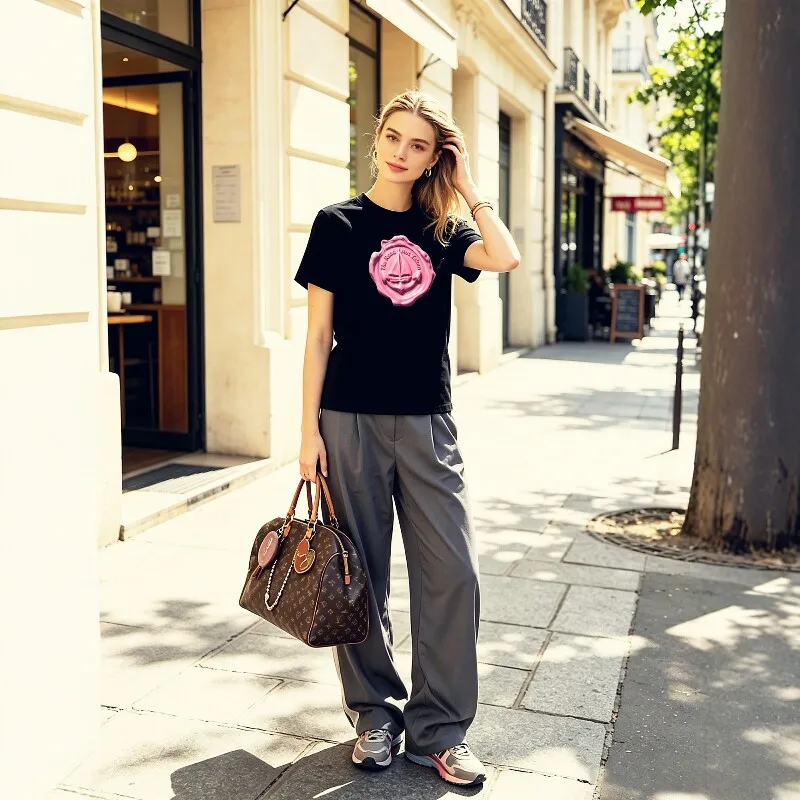 Luxury Original Design Pink Stamp Anchor 3D Print Ladies round Neck Cotton T-shirt Elegant Fashion Women's Casual Shirt