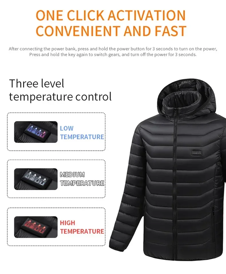 Veste à capuche en coton avec contrôle intelligent de la température, manteau noir, chauffage multizone imbibé, USB, réglage multi-vitesse,-20 ℃,