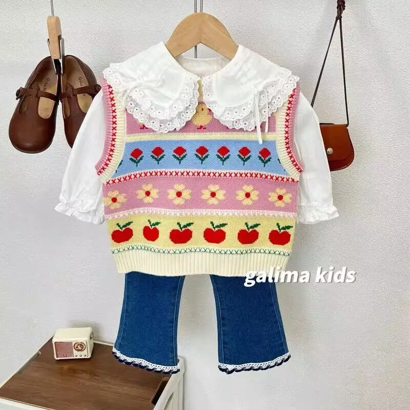 2022 Autmn Girls Cute Flower Knitted Vest Baby Kids Children Waistcoat Outerwear