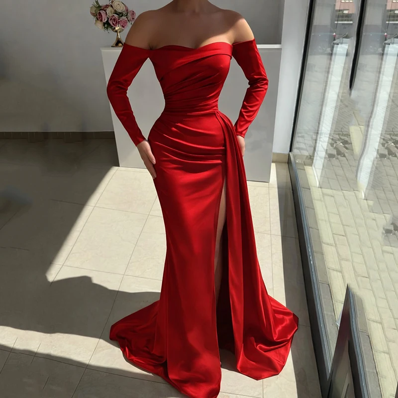 

Thinyfull Saudi Arabia Mermaid Prom Dresses Long Sleeve Side Slit Evening Dress Red Night Cocktail Party Prom Gowns Customized