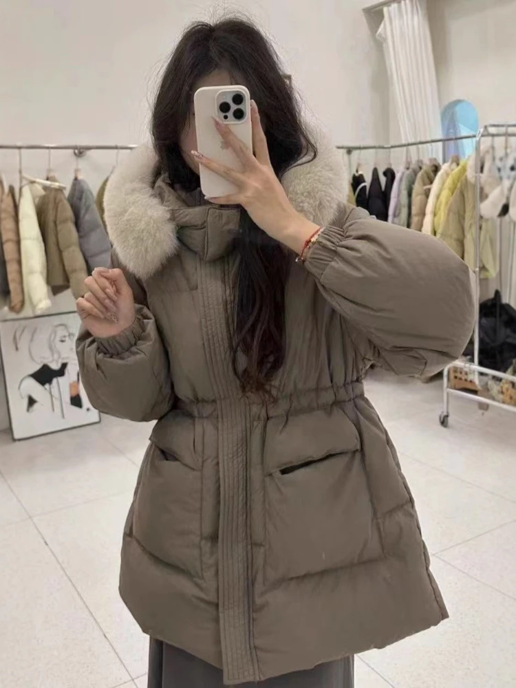 Średniej długości kurtka puchowa z kapturem, puszysta, nowa kolekcja zimowa 2025, parki damskie, gruba, ciepła, płaszcz z 90% białego puchu kaczego, odzież wierzchnia.