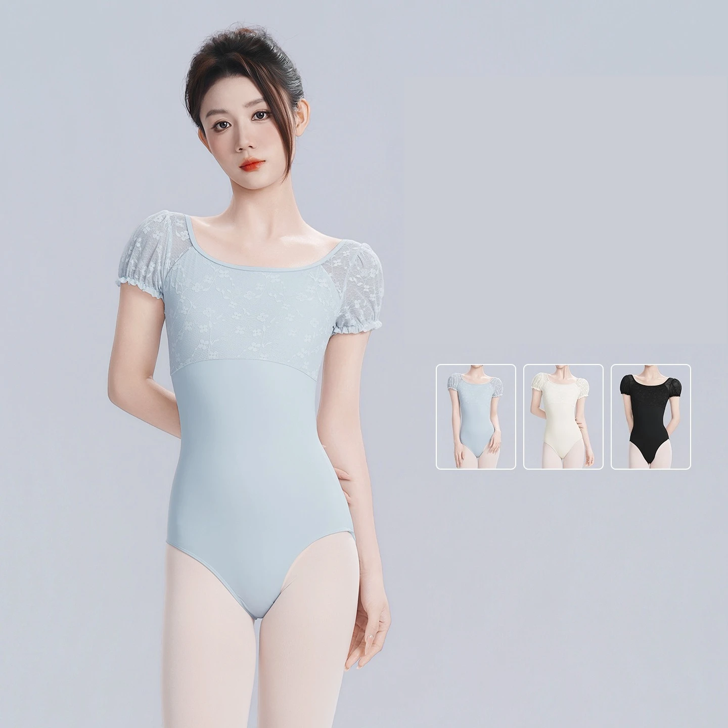Damen-Ballett-Trikot, Blumenspitze, kurzärmlig, mit quadratischem Ausschnitt, dehnbar, schmal geschnitten, Tanz-Bodysuit für Ballett, Gymnastik
