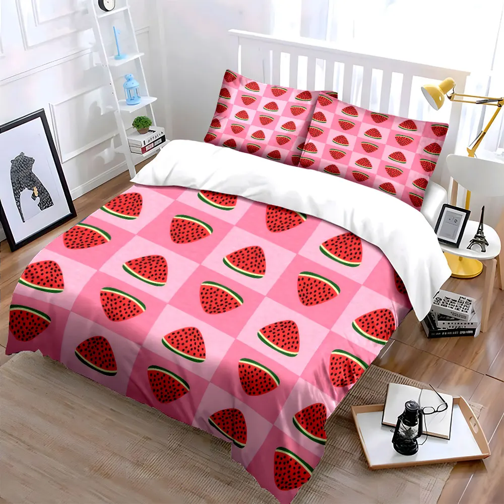 Cute Watermelon Slices on Pink Checkerboard 3PCS Bedding Set Duvet cover Pillowcase Set for Summer & Fruit Lovers Bedroom Decor