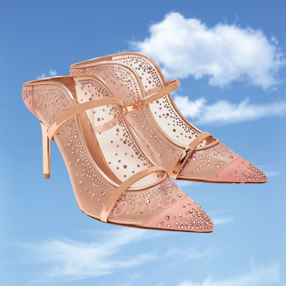 Purple Mesh Slippers Women Crystals Pointed Toe Outside Mirrored Strap High Heels Shoes Ladies Elegant Feminine Casual Slippers