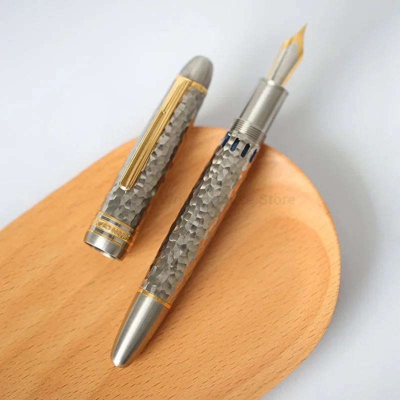 New MAJOHN Titanium Alloy Ti-136 Piston Pen Metal Brushed Anti-slip Hammered Pattern Version EF/F Fountain Pen Writing Gift Pen