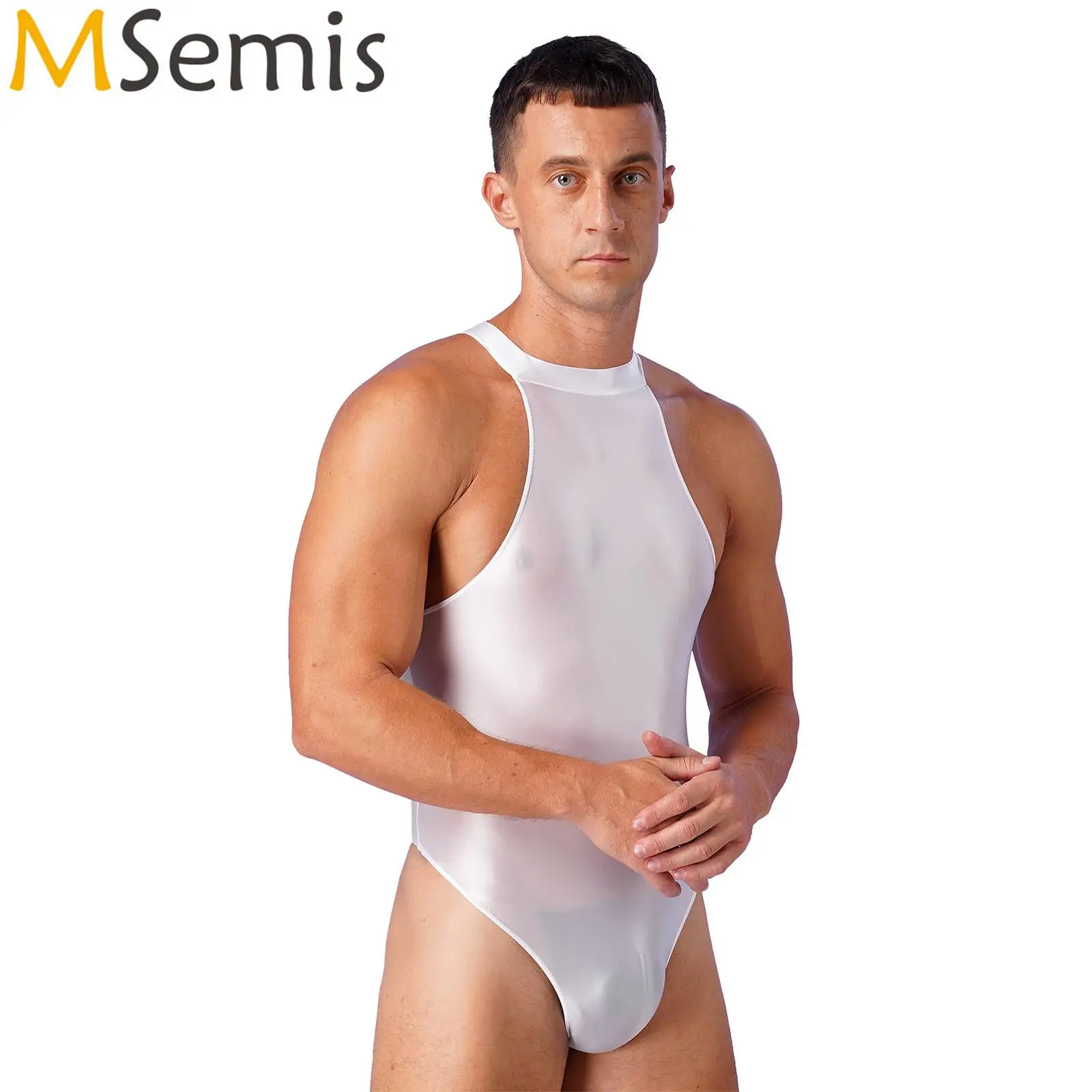 

Swimwear Mens Gymnastics Fitness Training Swimming Suit Glossy Mock Neck Back Zipper Bodysuit Solid Color Sleeveless Swimsuit