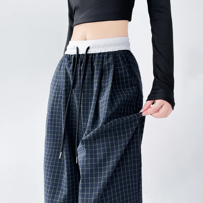 Vintage Baggy Plaid Pants Woman Oversized Wide Leg Pants Fashion Patchwork High Waist Sweatpants Fall Korean Streetwear Trousers