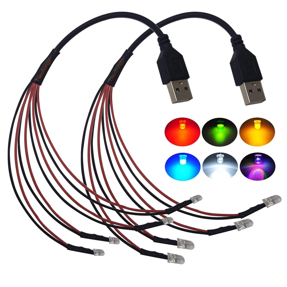 

USB Port with DC5V 3mm 5mm Pre-wired Round LED Model Light light-emitting diode Blue Red Yellow For DIY Night Light Manual Light
