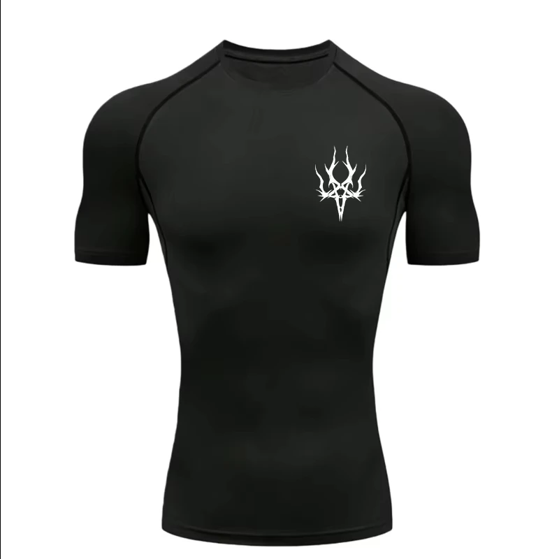 Men's Black Flame Print Compression Sports T-Shirt Gym Fitness Workout Athletic Tee ZY00148