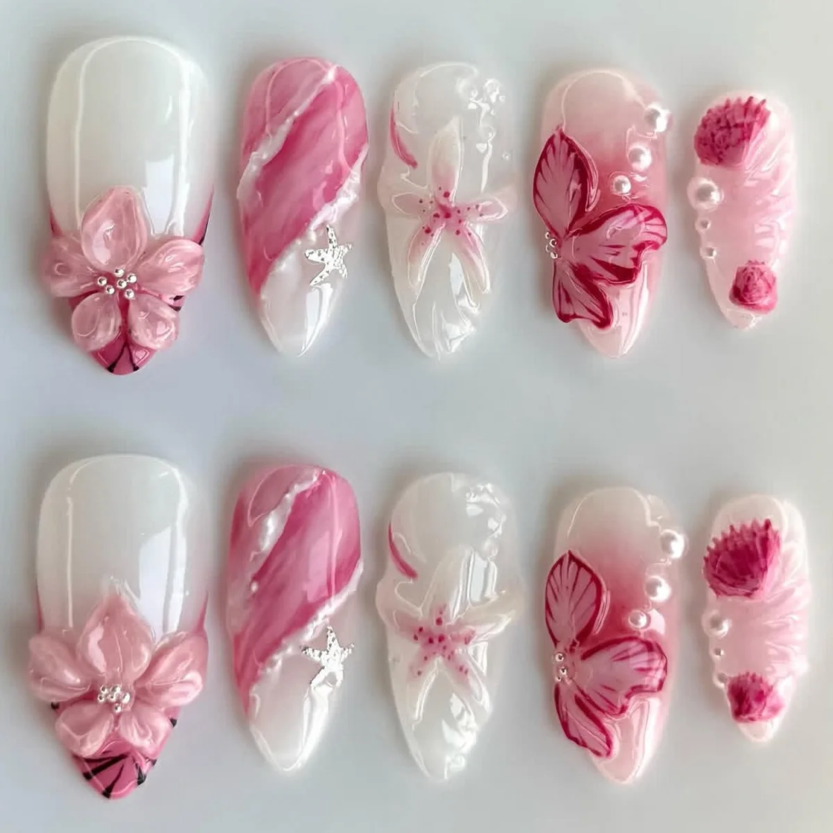 

24Pcs Mid-length Almond Fake Nails 3D Flower Starfish Press on False Nails Pink Smudge French Pearl Reusable Full Cover Nail Tip