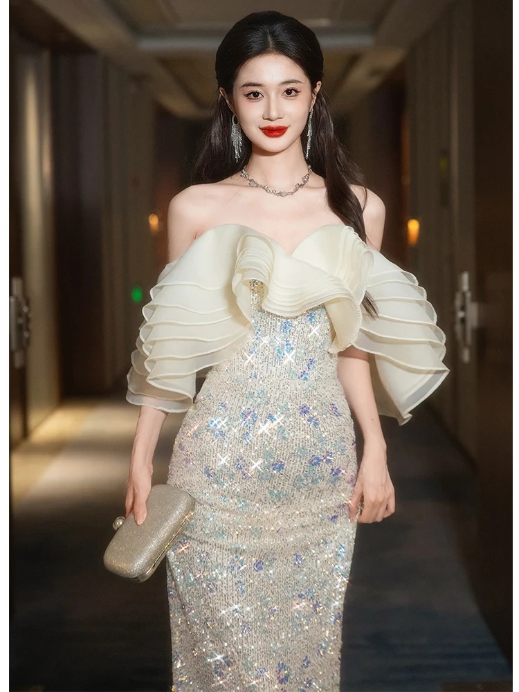 

Ele One-oulder Evening Gown Women's New 2025 Fi-Tail Birthday Par Host High-End Luxury Korean Sle Sequin Mid-Wais...