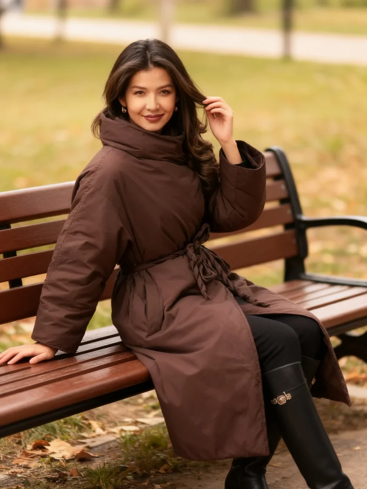 

Повседневное длинное хлопковое пальто на шнуровке, женское шикарное пальто с высоким воротником и длинными рукавами, свободные теплые пальто, женская зимняя уличная одежда 2025 года