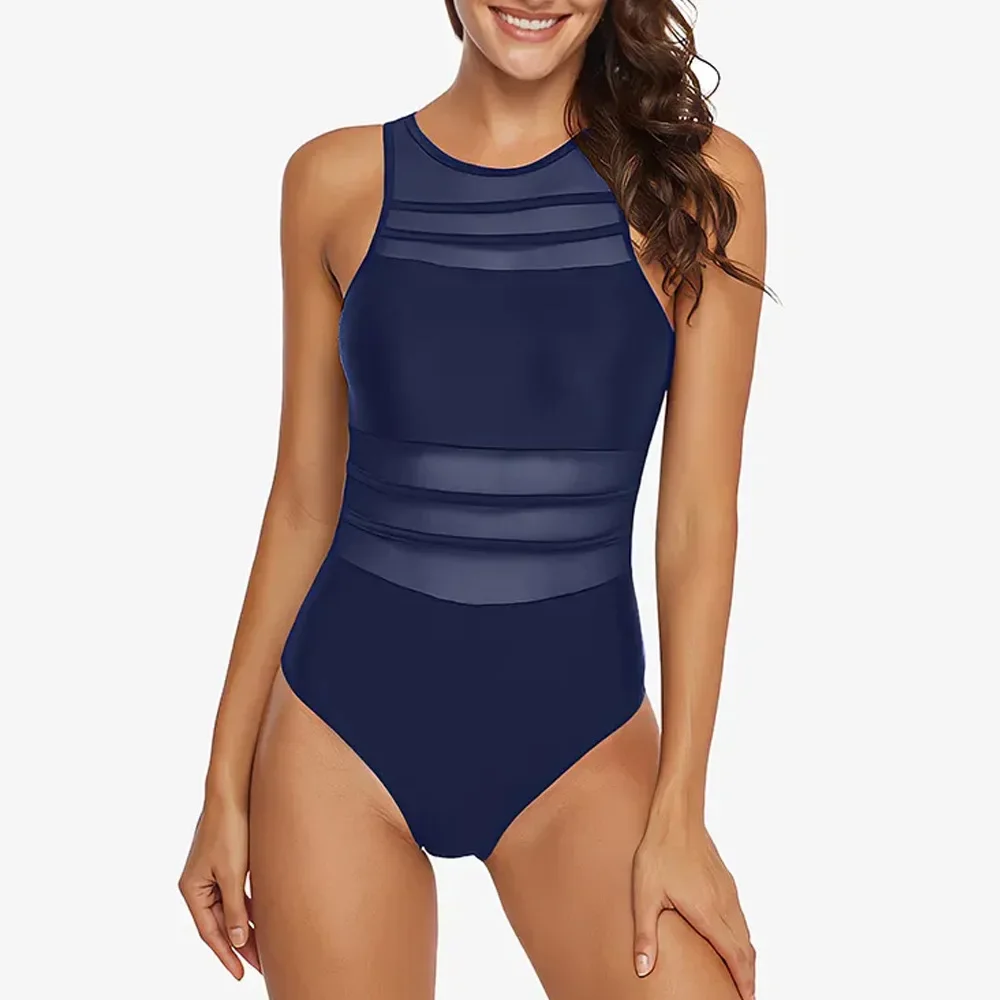 2023 New Style High Neck Strapless Solid Mesh Splicing One-piece Swimsuit Women Sexy Backless Zweiteiler Damen Set