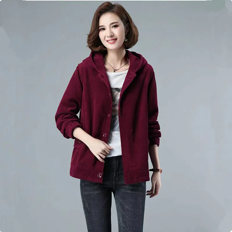 Corduroy Hooded Jacket Women Fashion Pocket Single Breasted Autumn Winter Coat Female Korean Loose 5XL Large Size Outerwear 2853