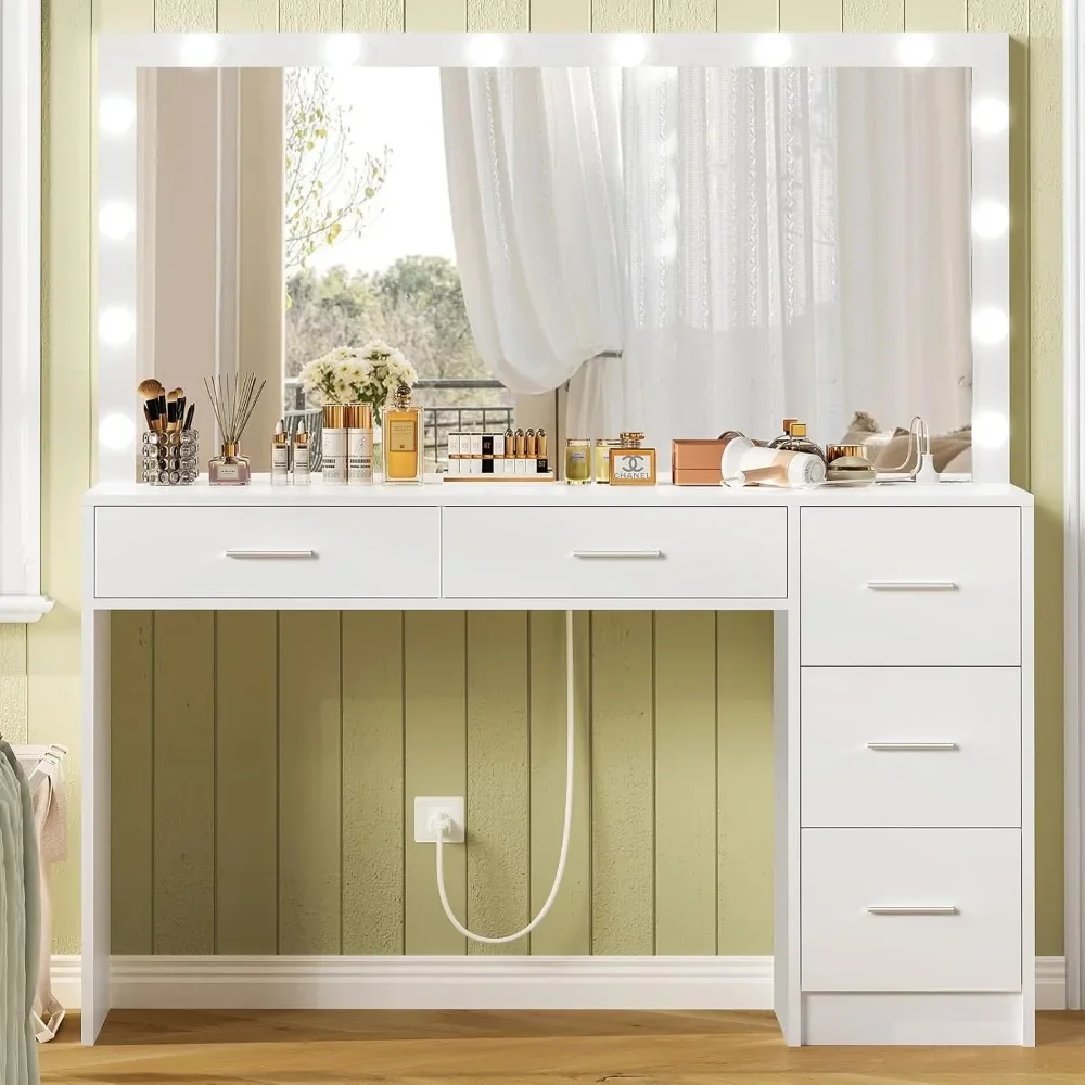 47.2 Large Vanity Desk with Lighted Mirror, 14 Lights,Makeup Vanity Desk, Vanity Table Set for Bedroom, White