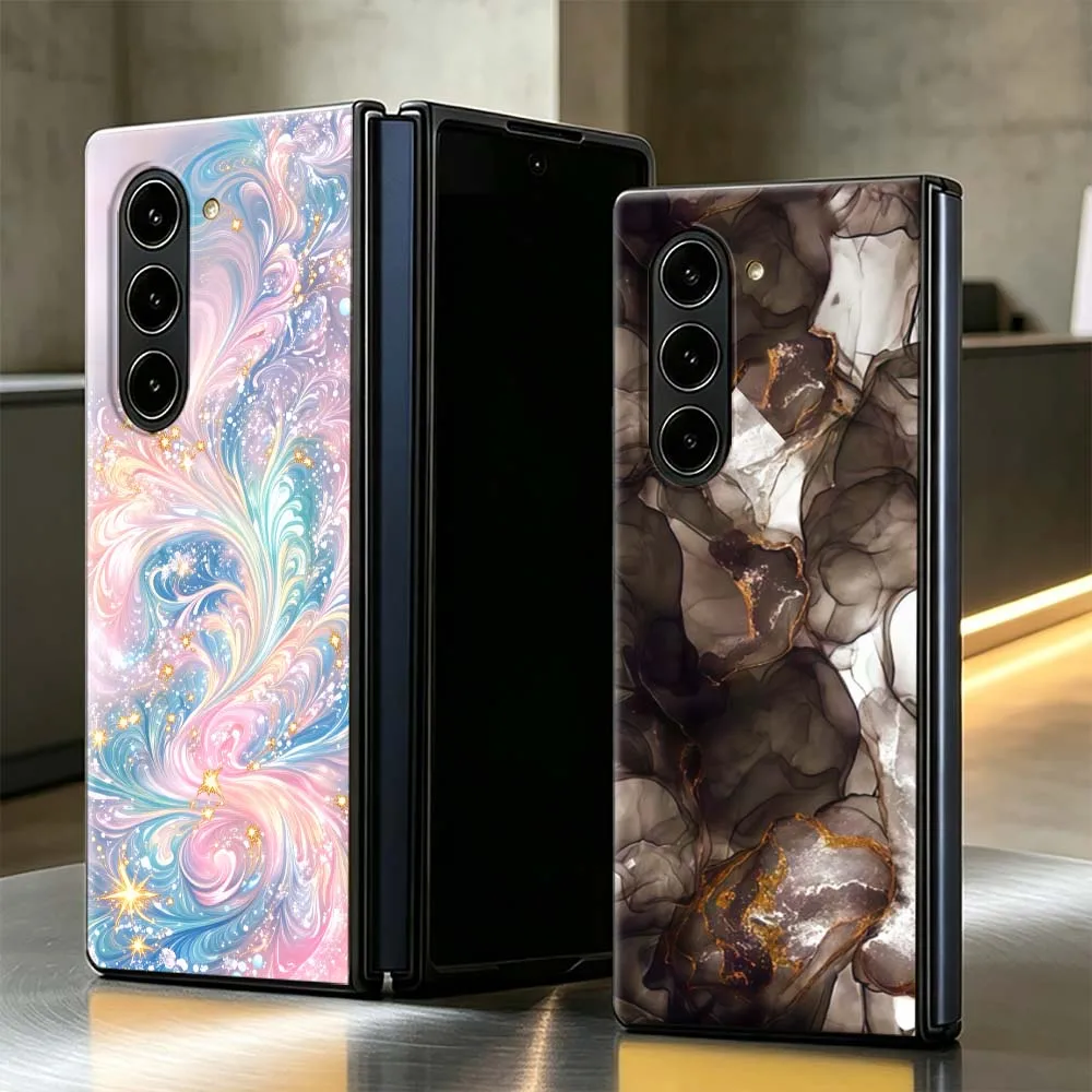 Black Gold Marble Texture PC Foldable Hard Phone Case For Samsung Galaxy Z Fold 3 4 5 6 7 8 5G Non-slip Shockproof Black Shell