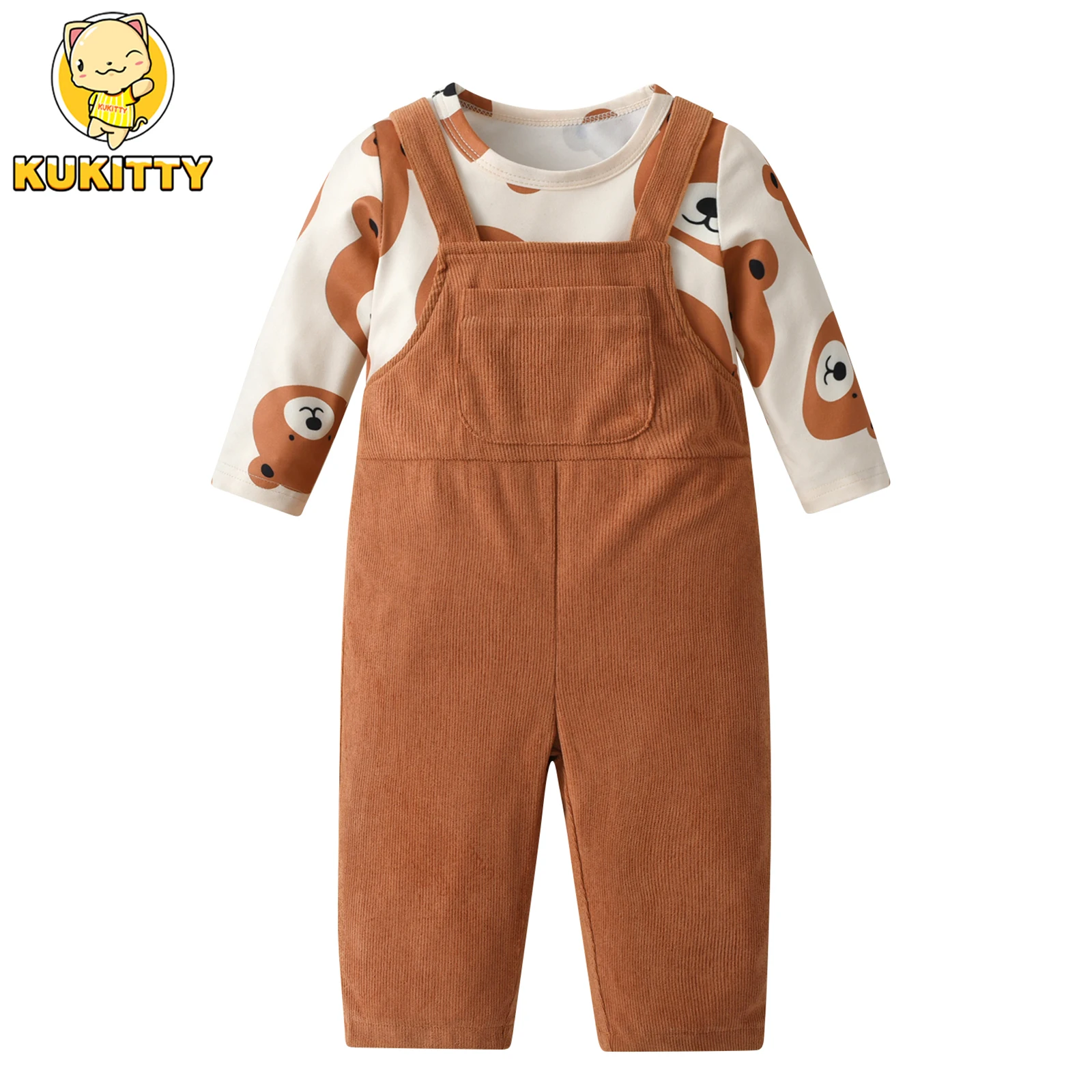 New Spring Toddler Baby Boys Clothing Kids Boys Cute Bears Print Long Sleeve Crewneck T Shirt and Overalls Pants 2Pcs/Set