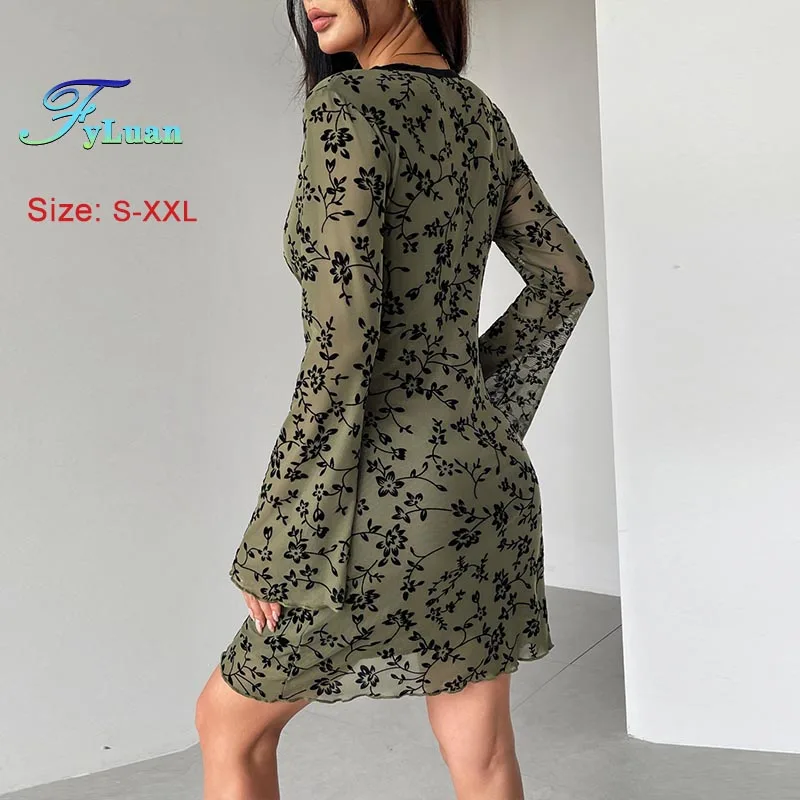 Europa e américa roupas femininas moda nova manga alargamento vestido de malha dupla camada decote em v profundo mini vestido emagrecimento vestido curto