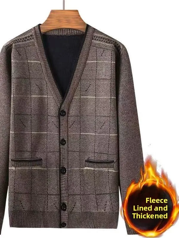 

Thiened Fce вязаный кардиган на подкладке для мужчин среднего возраста и ли, весна-осень-зима, теплая верхняя одежда, V-Ne, повседневная одежда