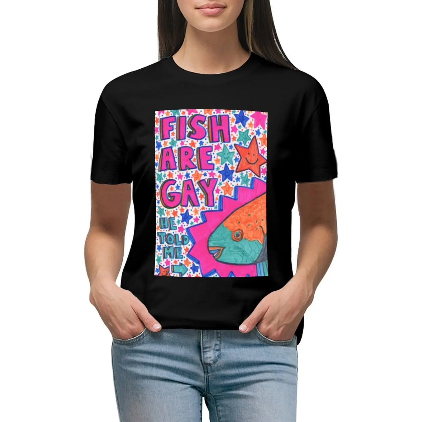 

fish are gay (parrotfish) T-Shirt graphics oversized shirts graphic tees heavyweights summer clothes for Women