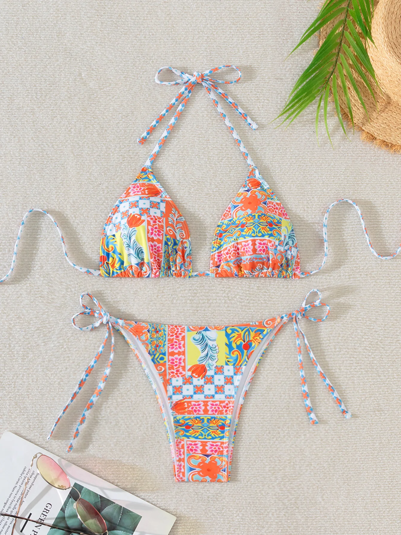 

Ladies Ethnic Print Rope-Bound Triangle Bag Summer Swimsuit Set Women's Fashionable Beachwear with Cord Details