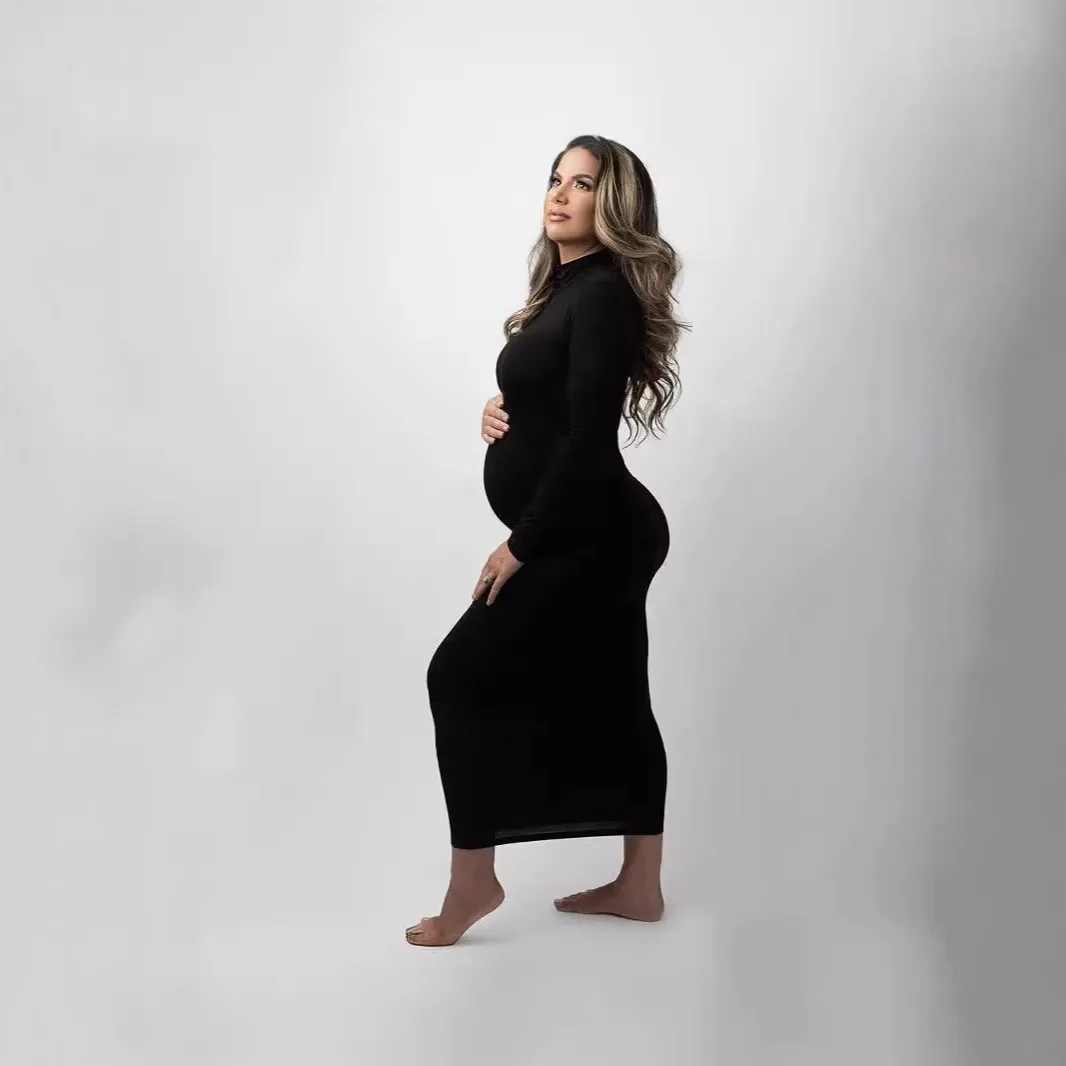 Dress for Pregnant Women High-neck Maternity Shaping Dres Long Sleeves Elastic Photoshoot Dress Pregnancy Clothes
