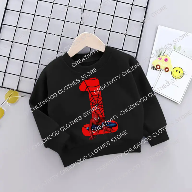 Spiderman Children Sweatshirts Super Hero Birthday Number 1-9 Marvels Clothes Kawaii Cartoons Pullover Girl Boy Kid Sportswear