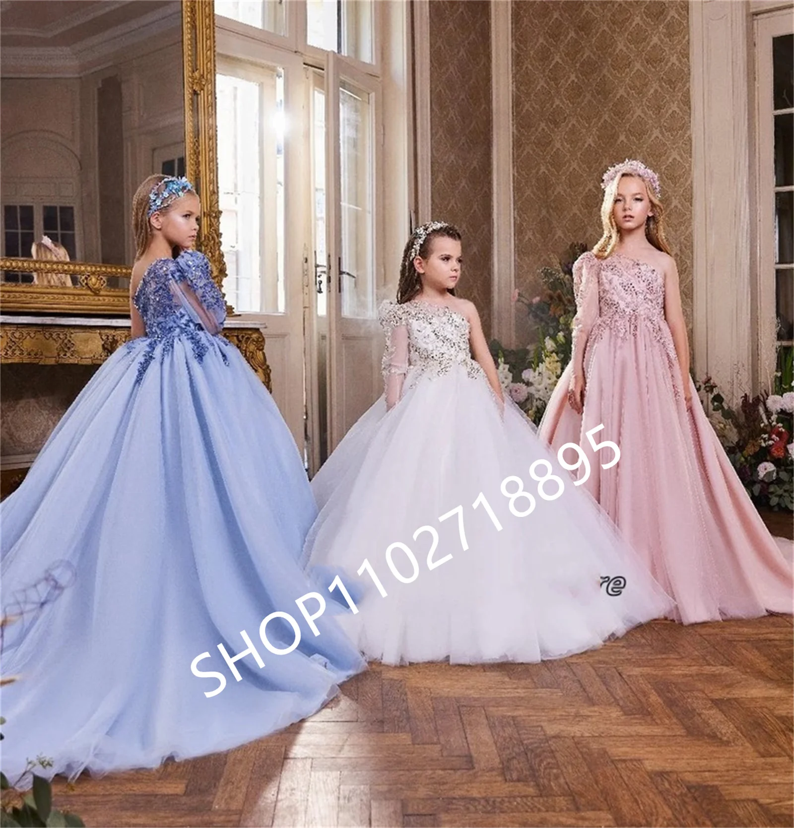 Prinzessin quadratischen Hals Laterne Kurzarm Spitze Pailletten Hochzeits feier besonderen Anlass Blumen mädchen Kleid