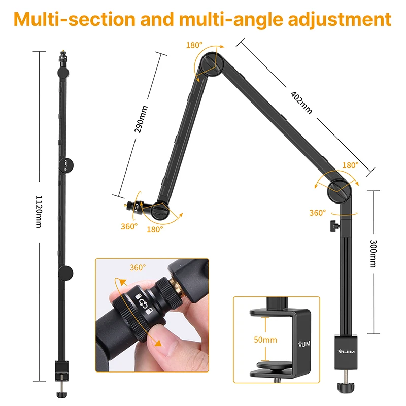 VIJIM LS24 Desktop Microphone Boom Arm Stand Extend 1/4'' 3/8'' 5/8'' Screw 90° Hover Bracket for DSLR GoPro Smartphone