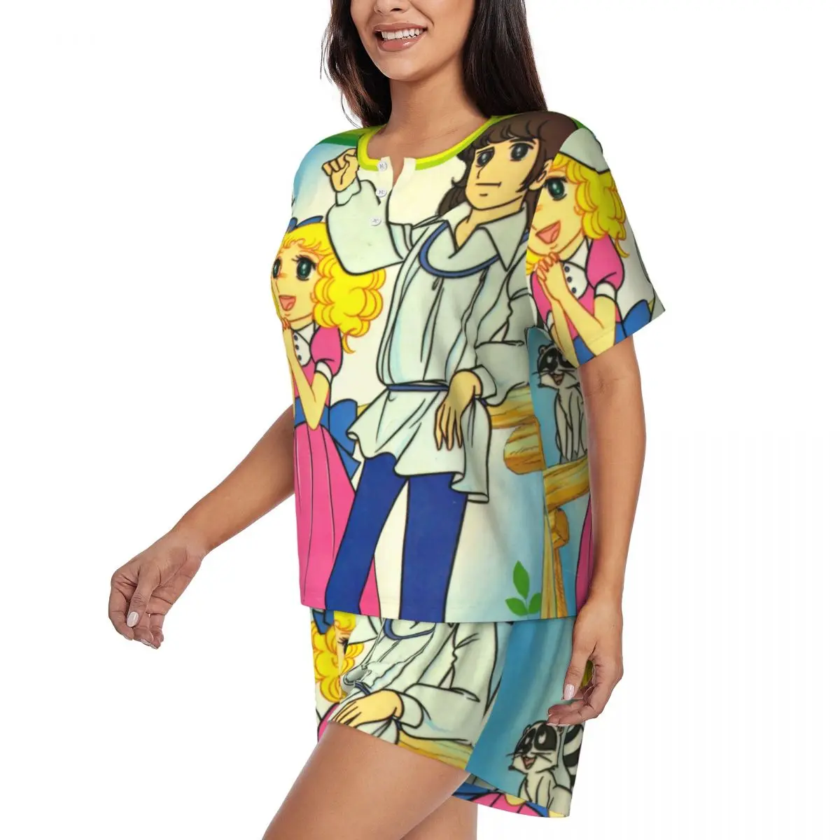 Custom Candy Candy Anime Manga Pajama Sets for Women 2 Piece Kawaii Girl 80s Short Sleeve Pjs Shorts Sleepwear