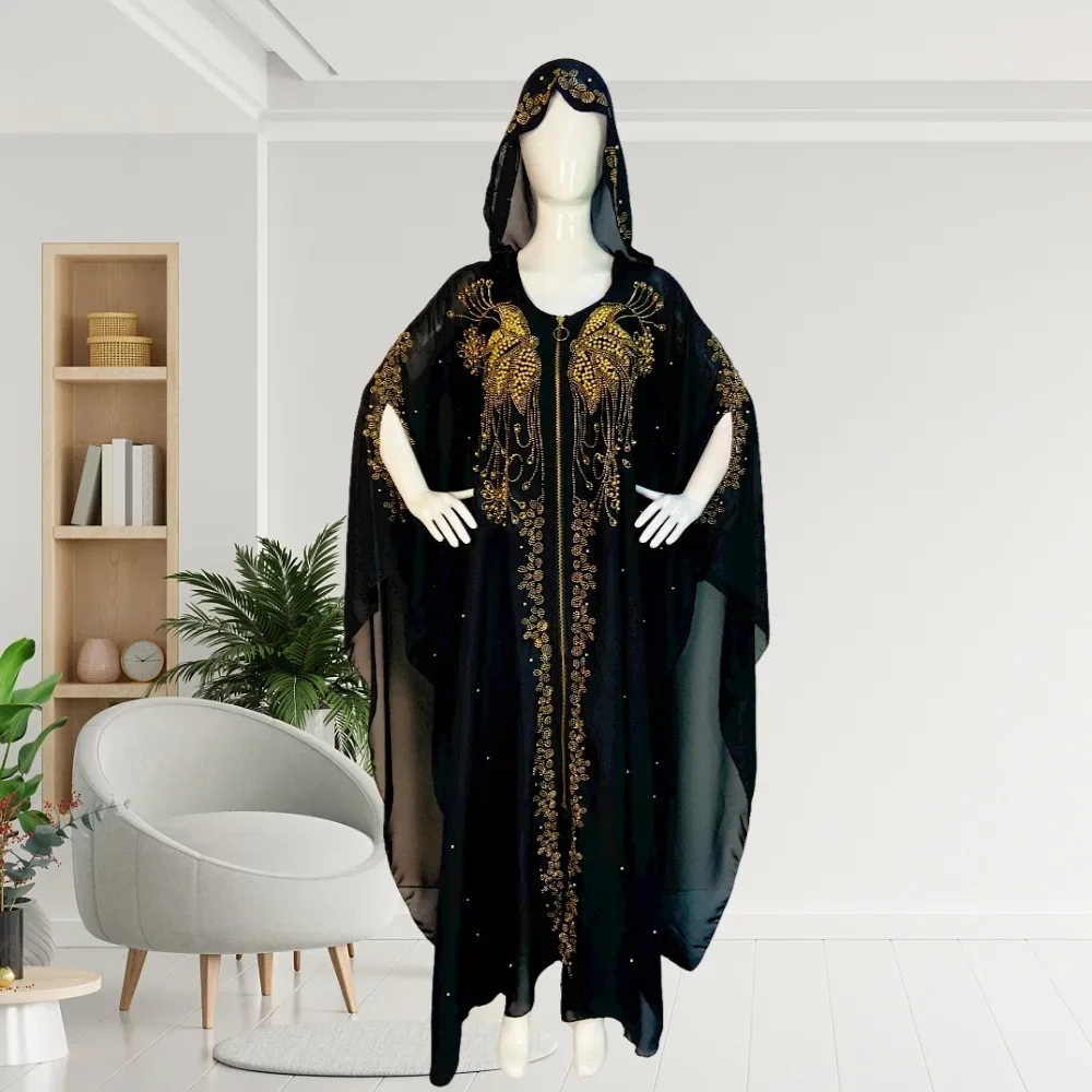 

Ramadan African Dubai Women Abaya Muslim Chiffon Diamond Hijab Dress Islam Clothing Luxury Smock Plus Size Femme Evening Dresses