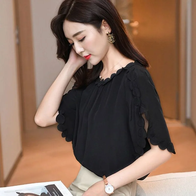 2023 New Oversized Womens Chiffon Blouses Summer O-Neck Solid Color Short Sleeve Chiffon Shirt Loose Female Tops Blusas De Mujer