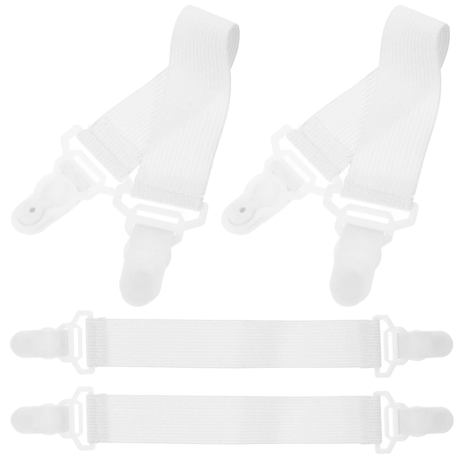 4pcs Garter Style Elastic Bed Sheet Grippers Garter Fastener Straps with Rubber Button Hook & Clasp (White)