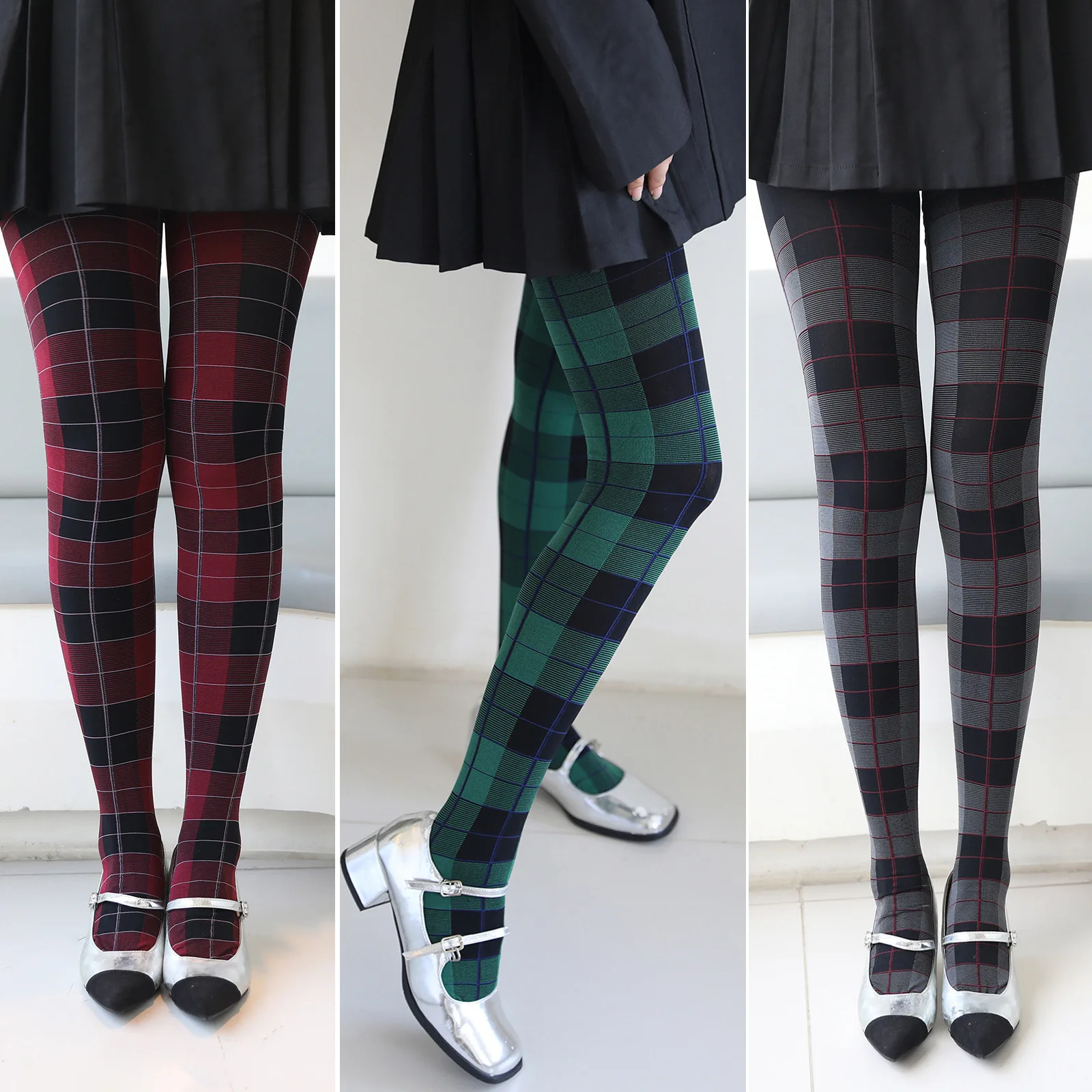 Retro Plaid Printed Tights For Women Elastic Slim Pantyhose Female JK Style Academic Style Long Socks High Waist New Stockings