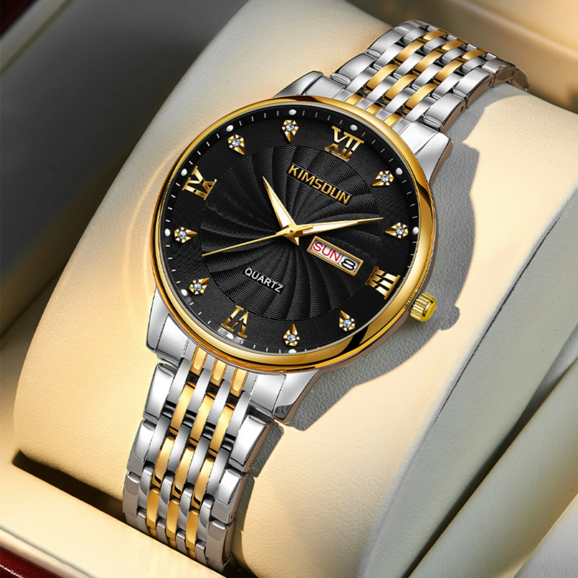 Men Quartz Wristwatch Round Dial Band Rhinestone Day Date Display Luxury Business Male Wrist Watch Fashion Watch Gift For Men