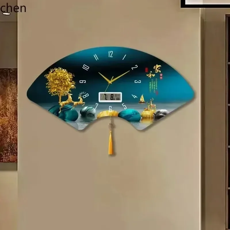 Fan-shaped Perpetual Calendar Wall Clock For Living Room And, Silent Wooden Panel Creative Decorative Painting Silent Clo